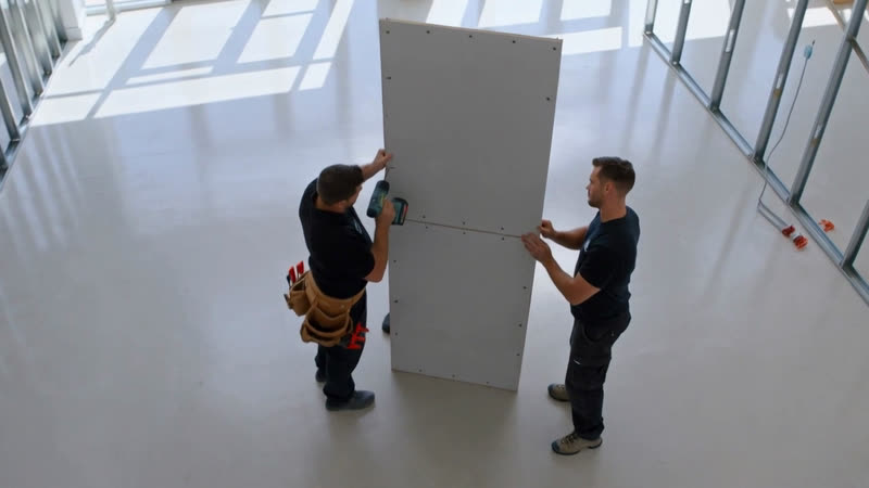 Two drywall installers fixing plasterboard sheets to a steel stud partition frame