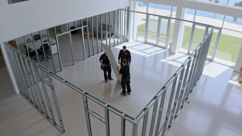 Open-plan office with new steel stud partition frames and two installers fitting a plasterboard sheet